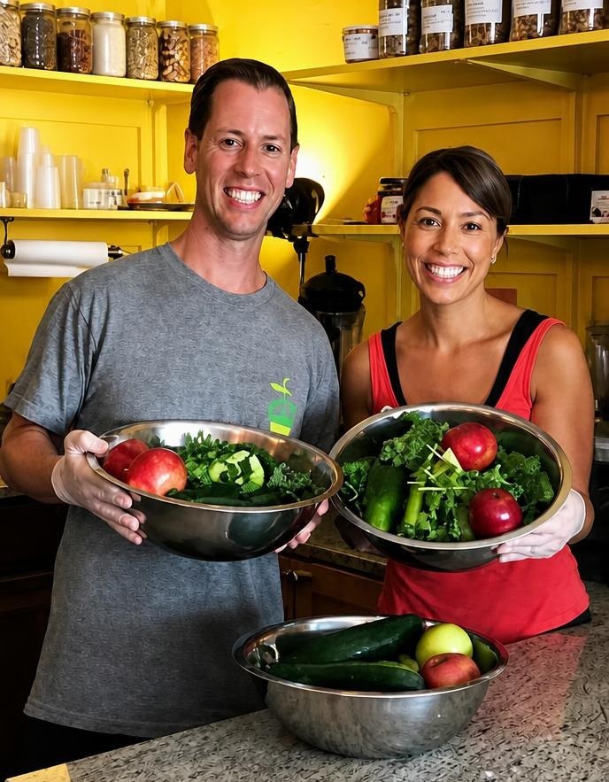 Shawn and Sheree, owners of The Green Light Hingham, holding bowls of fresh greens, apples, and cucumbers in the shop